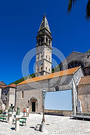 Perast in hte Bay of Kotor with views on the rising mountains and the church of the lady of the Rocks Editorial Stock Photo