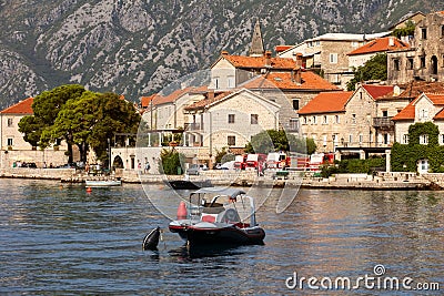 Perast, Montenegro town panorama and boats Editorial Stock Photo