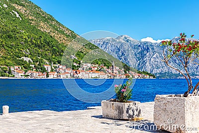 Perast old town, view from the pier of the Our Lady on the rock island, Kotor, Montenegro Stock Photo