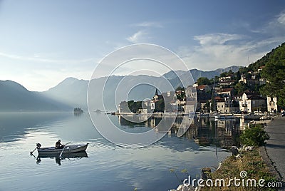 Perast village in the bay of kotor in montenegro with fjord and fisherman Editorial Stock Photo