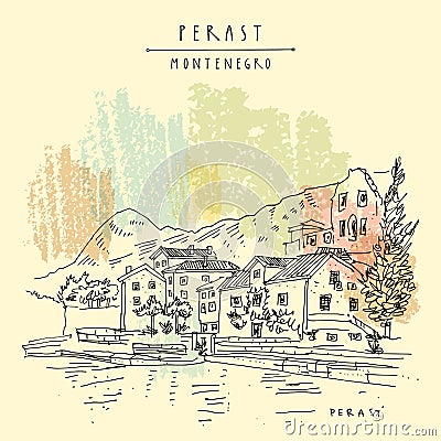 Perast waterfront, Montenegro, Balkans. Houses, water, mountains. Line art travel sketch. Hand drawn artistic postcard, poster Vector Illustration
