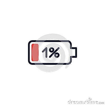 1 percent battery charge flat icon Vector Illustration