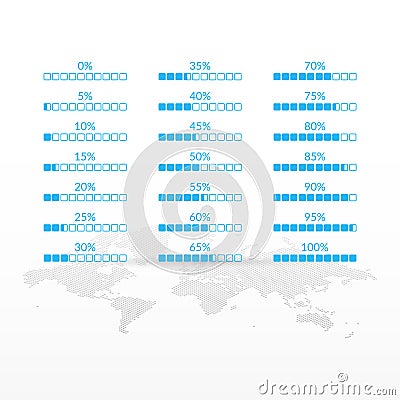 0 5 10 15 20 25 30 35 40 45 50 55 60 65 70 75 80 85 90 95 100 percent charts set for business, web, design, download, progress. Vector Illustration