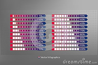 5 10 15 20 25 30 35 40 45 50 55 60 65 70 75 80 85 90 95 100 percent charts. Vector percentage infographic set. Gradient arrow Vector Illustration