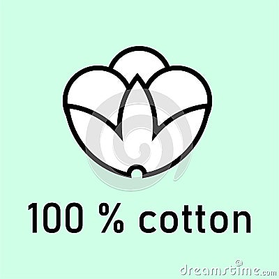 100 percent cotton black icon design on clear blue background. Natural fiber sign flower. Vector Illustration
