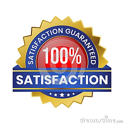 100 Percent Customer Satisfaction Guaranteed Badge, Label, Emblem, Rubber Stamp, 3D Realistic Glossy And Shiny Satisfaction Client Stock Photo