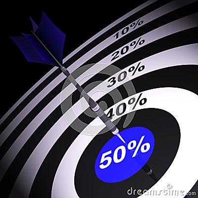 50Percent On Dartboard Showing Money Savings Stock Photo