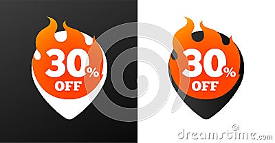 30 percent discount burning pins. Black and white variations. Isolated vector objects. Vector Illustration