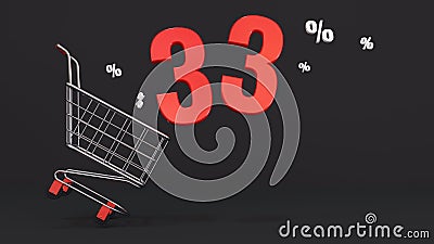 33 percent discount flying out of a shopping cart on a black background. Concept of discounts, black friday, online sales. 3d Stock Photo