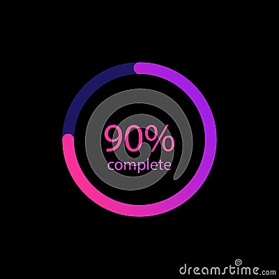 90% percent in gradient color circle.Glowing colorful loader icon.Loading bars for web, social media. vector eps10 Stock Photo