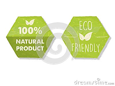 100 percent natural and eco friendly with leaf sign in green hex Stock Photo