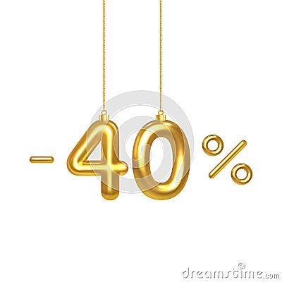 40 percent Off. Christmas Sale. Creative design of discount season. Golden numbers 40 hanging on a Christmas tree thread. Forty Vector Illustration