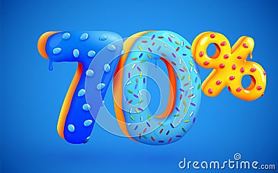 70 percent Off. Discount dessert composition. 3d mega sale symbol with flying sweet donut numbers. Sale banner or poster Vector Illustration