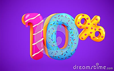 10 percent Off. Discount dessert composition. 3d mega sale symbol with flying sweet donut numbers. Sale banner or poster Vector Illustration