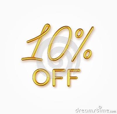 10 percent off golden realistic text on a light background. Vector Illustration