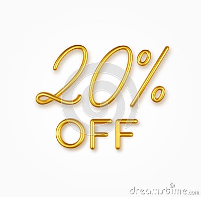 20 percent off golden realistic text on a light background. Vector Illustration