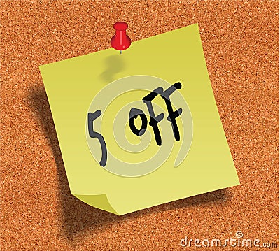 5 PERCENT OFF handwritten on yellow sticky paper note over cork noticeboard background. Stock Photo