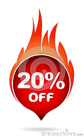 20 percent off red blazing speech bubble, sticker, label or icon Vector Illustration