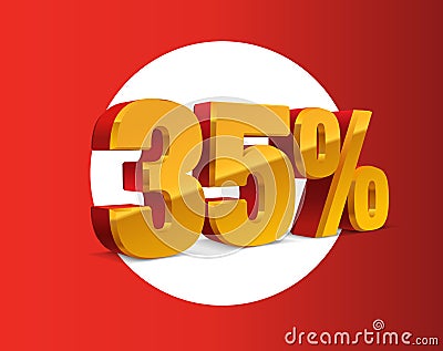 35 percent off, sale background, red yellow golden metall object 3D. Stock Photo