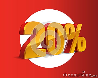 20 percent off, sale background, red yellow golden metall object 3D. Stock Photo