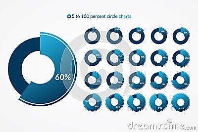 5 10 15 20 25 30 35 40 45 50 55 60 65 70 75 80 85 90 95 100 percent pie chart icon set. Percentage vector infographic symbol. Vector Illustration