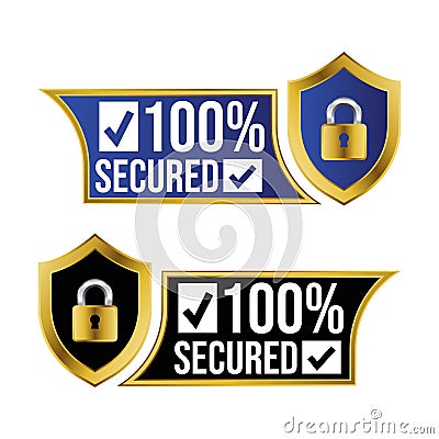 100 Percent Secured Badge, Secure Label, Secured Payment Method, 100% Protected Seal Vector Illustration