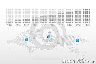 10 20 30 40 50 60 70 80 90 percent square chart symbols. World Map with Map Pointers. Infographic illustration icons for business Vector Illustration