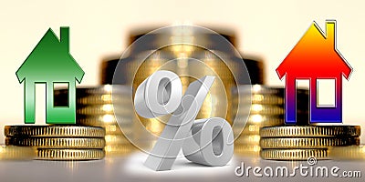 The percent symbol and real estate on a background of money . Stock Photo