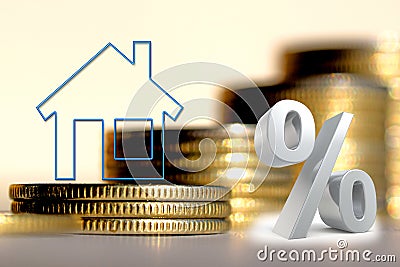 The percent symbol and real estate on a background of money . Stock Photo