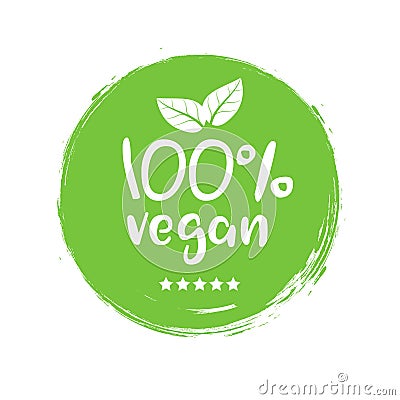 100 percent vegan logo vector icon. Vegetarian organic food label badge with leaf. Green natural vegan symbol Vector Illustration