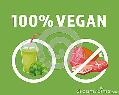 100 percent vegan. No meat. Ecofriendly vegan lifestyle, reducetarianism. Vector illustration on green background. Vector Illustration