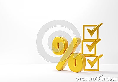 Percentage and check mark gold on white background. Accreditation, Percentage of Accuracy Cartoon Illustration