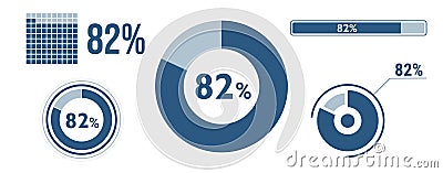 82% percentage infographic set. Eighty-two circle diagram, pie donut chart, progress bar. 82 percent loading data icon. Vector Vector Illustration