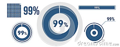 99% percentage infographic set. Ninety-nine circle diagram, pie donut chart, progress bar. 99 percent loading data icon. Vector Vector Illustration