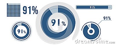 91% percentage infographic set. Ninety-one circle diagram, pie donut chart, progress bar. 91 percent loading data icon. Vector Vector Illustration