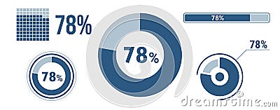 78% percentage infographic set. Seventy-eight circle diagram, pie donut chart, progress bar. 78 percent loading data icon. Vector Vector Illustration