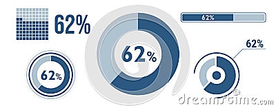 62% percentage infographic set. Sixty-two circle diagram, pie donut chart, progress bar. 62 percent loading data icon. Vector Vector Illustration