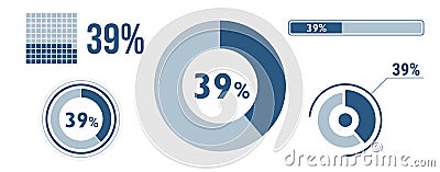 39% percentage infographic set. Thirty-nine circle diagram, pie donut chart, progress bar. 39 percent loading data icon. Vector Vector Illustration