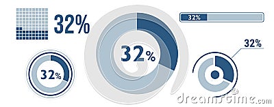 32% percentage infographic set. Thirty-two circle diagram, pie donut chart, progress bar. 32 percent loading data icon. Vector Vector Illustration