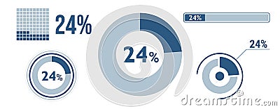 24% percentage infographic set. Twenty-four circle diagram, pie donut chart, progress bar. 24 percent loading data icon. Vector Vector Illustration