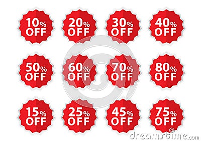 Percentage Off stickers, Sale Tags, Red Sale template, Labels, Discount, icon vector Vector Illustration