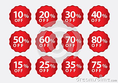 Percentage Off stickers, Sale Tags, Red Sale template, Labels, Discount, icon vector Vector Illustration