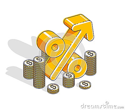 Percentage rate income profit concept, percent dimensional symbol with cash money stack isolated on white background. Vector 3d i Vector Illustration