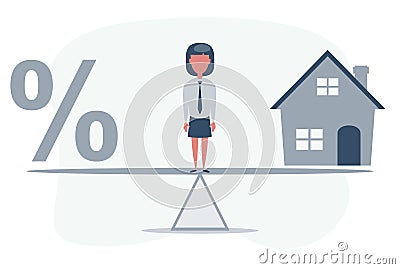 Percentage symbol icon and house scale in equal position. financial management concept depicts short term borrowing for Vector Illustration