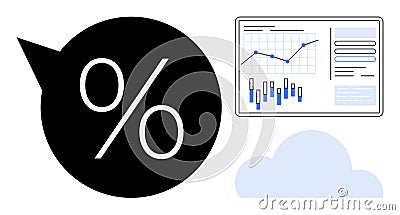Percentage symbol with speech bubble next to cloud and data analytics dashboard with graphs Vector Illustration