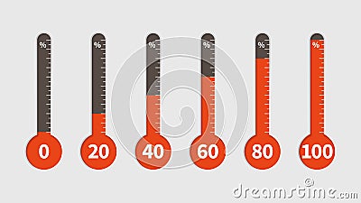 Percentage thermometer. Temperature measurement, percentages indicator with progress scale, temp different climate Vector Illustration