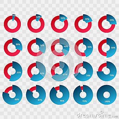 Percentage vector infographic icon. 5 10 15 20 25 30 35 40 45 50 55 60 65 70 75 80 85 90 95 100 percent pie chart symbol for web Vector Illustration