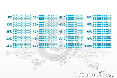 Percentage vector infographic icons set. 5 10 15 20 25 30 35 40 45 50 55 60 65 70 75 80 85 90 95 100 percent charts Vector Illustration