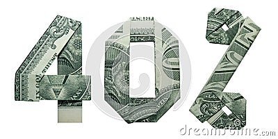 40 Percents Sale Sign Collage Money Origami Folded with 3 Real One Dollar Bills Isolated on White Background Stock Photo