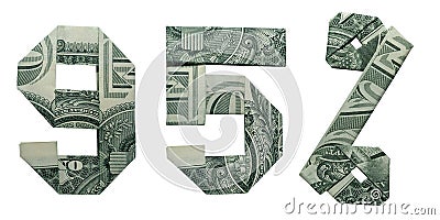 95 Percents Sale Sign Collage Money Origami Folded with 3 Real One Dollar Bills Isolated on White Background Stock Photo